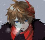  1boy bangs black_gloves blue_eyes breath earrings fur_trim genshin_impact gloves hair_between_eyes jewelry looking_at_viewer male_focus mask mask_on_head portrait red_scarf scarf simple_background single_earring snowing solo tartaglia_(genshin_impact) togatamaki 