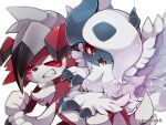  1other absol animal_ears animal_hands animal_nose annoyed artist_name asymmetrical_hair bangs black_hair blurry blush bright_pupils claws clenched_teeth colored_sclera commentary_request depth_of_field dog_ears eye_contact fangs feathered_wings fur_collar furry grey_hair hair_over_one_eye half-closed_eyes leaning_forward light_blush looking_at_another looking_to_the_side lycanroc lycanroc_(midnight) mega_absol mega_pokemon multicolored_hair one_eye_covered open_mouth partial_commentary pokemon pokemon_(creature) pokemon_on_back red_eyes red_sclera ringed_eyes shira_(sirairo116) sideways_mouth simple_background snout teeth twitter_username two-tone_hair watermark white_background white_hair white_pupils white_wings wings 