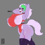  anthro areola big_breasts big_butt bigumbuttis black_pupils breasts butt canid canine canis clothing english_text facial_markings female five_nights_at_freddy&#039;s five_nights_at_freddy&#039;s:_security_breach green_hair hair hands_behind_head head_markings hi_res huge_breasts leggings legwear leotard looking_at_viewer mammal markings nipple_outline nipples pupils purple_areola purple_body purple_hair purple_nipples roxanne_wolf_(fnaf) scottgames solo text thick_thighs video_games wolf yellow_eyes 