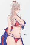  1girl absurdres american_flag_bikini bangs bikini blue_eyes breasts bun_cover cleavage closed_mouth dated fate/grand_order fate_(series) flag_print grey_background grey_hair highres jacket large_breasts long_hair miyamoto_musashi_(fate) miyamoto_musashi_(swimsuit_berserker)_(fate) miyamoto_musashi_(swimsuit_berserker)_(second_ascension)_(fate) navel odachu revision signature simple_background solo star_(symbol) stomach swimsuit 