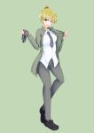  1girl absurdres black_footwear black_necktie blonde_hair breasts buttons english_commentary gloves green_background green_eyes grey_jacket heel_up high_ponytail highres holding holding_clothes holding_gloves isosceles_triangle_(xyzxyzxyz) jacket long_hair looking_at_viewer medium_breasts necktie original pantyhose ponytail shirt solo white_shirt world_witches_series 