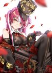  1girl absurdres ascot black_headwear blush boots bow breasts hair_between_eyes hair_bow hair_ornament heterochromia highres hololive houshou_marine jacket komiya_latte large_breasts leotard leotard_under_clothes long_hair looking_at_viewer pirate red_ascot red_eyes red_hair red_ribbon ribbon see-through see-through_leotard thigh_boots thighhighs treasure_chest very_long_hair virtual_youtuber yellow_eyes 