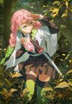  1girl absurdres bangs black_skirt blurry braid branch breasts censored center_opening closed_mouth dappled_sunlight day demon_slayer_uniform depth_of_field dress_shirt feet_out_of_frame green_eyes green_hair green_thighhighs hair_over_shoulder hands_up haori highres jacket japanese_clothes kanroji_mitsuri kimetsu_no_yaiba leaf leaning_forward light_particles long_hair long_sleeves looking_away looking_to_the_side miniskirt multicolored_hair nature outdoors partially_unbuttoned pink_hair pleated_skirt shading_eyes shirt skirt smile solo standing stone_lantern sunlight sword thighhighs tree ttyttytty twin_braids two-tone_hair weapon white_jacket white_shirt zettai_ryouiki 