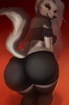  anthro bottomwear breasts butt butt_pose canid canid_demon canine canis clothing demon female fur goth hair hellhound helluva_boss hi_res katsumizi legwear looking_at_back looking_at_viewer loona_(helluva_boss) mammal nude panties pose red_sclera shorts simple_background smile smirk string thigh_highs thong underwear white_body white_fur white_hair wolf 