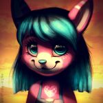  1:1 abstract_background anthro blue_eyes blue_hair blue_nose bust_portrait closed_smile clothed clothing female fur glistening glistening_eyes hair looking_at_viewer mouth_closed mylafox pink_body pink_fur portrait solo species_request striped_ears text url white_body white_fur 