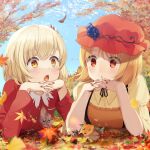  2girls aki_minoriko aki_shizuha apron ari_don autumn autumn_leaves blonde_hair blush buttons collared_shirt food food-themed_hat_ornament fruit fruit_hat_ornament grape_hat_ornament grapes hair_between_eyes hair_ornament hat_ornament leaf leaf_hair_ornament long_sleeves maple_leaf multiple_girls open_mouth orange_apron red_eyes red_shirt red_skirt shirt short_hair siblings sisters skirt touhou yellow_eyes yellow_shirt 