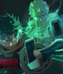  2boys blurry blurry_foreground boku_no_hero_academia cape commentary english_commentary english_text flick fog foreshortening freckles gloves glowing glowing_eyes green_eyes green_hair green_theme hand_on_own_arm high_collar highres looking_at_viewer male_focus midoriya_izuku multiple_boys outstretched_arm scar scar_on_face short_hair spoilers trubwlsum twitter_username v-shaped_eyebrows weapon yellow_cape 