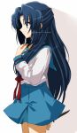  1girl asakura_ryouko black_eyes black_hair blue_sailor_collar blue_skirt closed_mouth cowboy_shot from_side kita_high_school_uniform kuuma25_kuma long_hair long_sleeves red_ribbon ribbon sailor_collar school_uniform serafuku simple_background skirt solo standing suzumiya_haruhi_no_yuuutsu white_background white_serafuku 