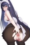  1girl absurdres animal_ear_fluff animal_ears anus apron ass azur_lane bangs bare_shoulders bent_over black_hair blush breasts brown_pantyhose censored condom condom_wrapper dress facial_mark fox_ears fox_girl frills hair_ornament highres hong_bai large_breasts long_hair looking_at_viewer looking_back maid maid_apron maid_headdress mosaic_censoring musashi_(azur_lane) pantyhose pussy solo torn_pantyhose very_long_hair white_background yellow_eyes 