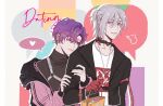  2boys black_nails black_shirt choker couple english_text fulgur_ovid hand_on_another&#039;s_arm heart highres jacket jewelry long_sleeves looking_at_another male_focus mechanical_arms multiple_boys necklace nijisanji nijisanji_en purple_hair shirt short_hair smile trico7_to turtleneck uki_violeta upper_body virtual_youtuber white_hair yaoi 