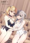  2girls alternate_costume bangs black_choker black_one-piece_swimsuit blonde_hair blue_eyes blush braid breasts brown_eyes casual_one-piece_swimsuit choker cleavage commission cosplay couch criss-cross_halter frilled_swimsuit frills hair_between_eyes halterneck kantai_collection large_breasts long_hair looking_at_viewer mimamui multiple_girls one-piece_swimsuit one_side_up parted_lips sagiri_(kancolle) sagiri_(kancolle)_(cosplay) side-tie_swimsuit side_braid sitting skeb_commission suzutsuki_(kancolle) swimsuit white_choker white_one-piece_swimsuit zara_(kancolle) 