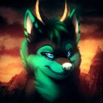  1:1 anthro black_sclera blue_eyes bust_portrait canid canine canis chibi closed_smile dragon fangs fur glistening glistening_eyes green_body green_fur green_hair hair horn hybrid male mammal mouth_closed mylafox narrowed_eyes nude orange_sky outside portrait solo tan_horn text url wolf 