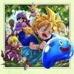  1girl 2boys black_hair blonde_hair blue_eyes blue_sky bracelet brother_and_sister cape cloud cloudy_sky dragon dragon_quest dragon_quest_v father_and_daughter father_and_son female_child full_body hatiware12 hero&#039;s_daughter_(dq5) hero&#039;s_son_(dq5) hero_(dq5) holding jewelry long_hair low_ponytail male_child multiple_boys outdoors running siblings sky slime_(creature) slime_(dragon_quest) tree turban 