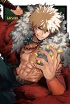  1boy abs artist_name bakugou_katsuki bangs blonde_hair blurry boku_no_hero_academia border cape commentary detached_sleeves earrings english_commentary fur-trimmed_cape fur_trim grin hair_between_eyes highres holding jewelry looking_at_viewer male_focus necklace no_nipples no_shirt official_alternate_costume outside_border red_cape red_eyes sanpaku short_hair smile solo sony_(gaysony) spiked_hair toned toned_male tooth_necklace torn_cape torn_clothes v-shaped_eyebrows white_border 