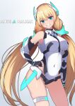  1girl absurdres angela_balzac ass_visible_through_thighs bangs bare_shoulders blonde_hair blue_eyes breasts covered_navel deva_battle_suit elbow_gloves gloves grin hand_on_hip headgear highleg highleg_leotard highres large_breasts leotard long_hair looking_at_viewer low_twintails nise_no_tsubo rakuen_tsuihou smile solo thigh_strap twintails very_long_hair 