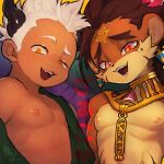  2boys animal_ears animal_nose azathoth_(housamo) black_horns braid brown_fur brown_hair dark-skinned_male dark_skin demon_horns earrings egyptian_clothes facial_mark fangs fangs_out forehead_mark forked_eyebrows furry furry_male gold gold_teeth half-closed_eyes horns jewelry lion_boy lion_ears long_hair looking_at_viewer male_child male_focus mid_(mid_skb) multiple_boys nipples open_mouth pectorals pink_eyes raised_eyebrows short_hair sideburns smirk smug snout sphinx_(housamo) tokyo_afterschool_summoners translation_request two-tone_fur uneven_eyes upper_body white_hair yellow_eyes 