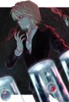  1boy bangs blonde_hair chain closed_mouth dutch_angle eyeball feet_out_of_frame formal from_side highres hunter_x_hunter kurapika long_sleeves male_focus red_eyes shirt short_hair solo suit tomaton_(t_0) white_shirt 