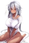  1girl absurdres alternate_costume breasts brown_eyes dark-skinned_female dark_skin grey_hair hair_between_eyes hair_down highres huge_breasts kantai_collection long_hair mashiro_yukiya musashi_(kancolle) musashi_kai_ni_(kancolle) naked_shirt no_panties shirt short_sleeves sitting solo translation_request very_long_hair wariza white_shirt 