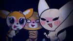  2022 aggressive_retsuko ailurid antelope anthro blush bovid breasts canid canine clothed clothing crossed_arms double_v_sign embarrassed female fennec fenneko fox gazelle gesture group hi_res holding_clothing holding_object impstripe mammal nervous_smile nipples on_model open_mouth open_smile red_panda retsuko sanrio selfie smile topless topless_anthro topless_female trio tsunoda v_sign 