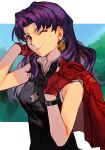  1girl bangs breasts brown_eyes cross earrings fingerless_gloves gloves hungry_clicker jacket jacket_over_shoulder jacket_removed jewelry katsuragi_misato long_hair looking_at_viewer medium_breasts medium_hair necklace neon_genesis_evangelion one_eye_closed purple_hair smile solo 