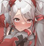  1girl antenna_hair azur_lane bangs blush breasts buttons closed_mouth commentary cross double-breasted dress gloves grey_dress grey_gloves grey_hair hair_between_eyes headgear iron_cross large_breasts long_hair long_sleeves looking_at_viewer mole mole_on_breast multicolored_hair orange_eyes parted_bangs prinz_eugen_(azur_lane) red_hair side_cutout sideboob sidelocks simple_background solo streaked_hair two_side_up uniazi_mikan upper_body white_background 