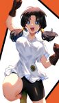  1girl :d bike_shorts black_hair blue_eyes breasts dragon_ball dragon_ball_z english_commentary fingerless_gloves gloves highres knee_up looking_at_viewer medium_breasts open_mouth shirt simple_background sinkoart smile solo twintails videl white_shirt 
