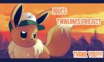  :3 animal_focus baseball_cap black_eyes blank_eyes blurry blurry_background chum_(splatoon) closed_mouth clothed_pokemon cloud commentary crossover eevee english_commentary english_text fur_collar gradient_sky green_headwear happy hat looking_to_the_side no_humans orange_sky outdoors pokemon pokemon_(creature) salmon_run_(splatoon) sessk0 sky smile solo_focus splatoon_(series) standing sunset thank_you upper_body 