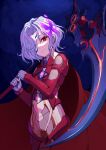  1girl armor cape chest_jewel fire grey_hair hair_over_one_eye highres holding holding_scythe namicha over_shoulder purple_fire red_eyes scythe smile weapon weapon_over_shoulder x_(xenoblade) xenoblade_chronicles_(series) xenoblade_chronicles_3 