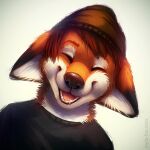  1:1 anthro black_clothing black_topwear brown_hair brown_nose bust_portrait canid canine cheek_tuft clothed clothing ears_back eyes_closed facial_tuft fox front_view fur glistening glistening_nose hair male mammal mylafox neck_tuft open_mouth open_smile orange_body orange_fur pivoted_ears portrait red_tongue simple_background smile solo teeth text tongue topwear tuft url white_background white_body white_fur 