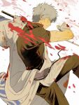  1boy blood blood_splatter caosishao cuts feet_out_of_frame fighting_stance from_side gintama hadanugi_dousa highres holding holding_sword holding_weapon injury japanese_clothes kimono looking_to_the_side male_focus open_clothes open_kimono sakata_gintoki short_hair short_sleeves solo sword toned toned_male weapon white_hair 