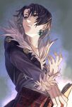  1boy black_coat black_hair book chrollo_lucilfer coat earrings forehead_tattoo grey_eyes hand_up highres holding holding_book hunter_x_hunter jewelry looking_up male_focus short_hair solo tomaton_(t_0) 