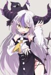  1girl black_horns hololive horns ixy la+_darknesss long_hair multicolored_hair open_mouth smile solo streaked_hair tail thighs virtual_youtuber white_hair 