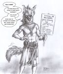  0laffson anthro canid canine clothed clothing dialogue english_text graphite_(artwork) hi_res holding_object holding_sign looking_at_viewer male mammal maned_wolf monochrome open_mouth open_smile pencil_(artwork) sign smile smiling_at_viewer solo tail_motion talking_to_viewer text traditional_media_(artwork) 