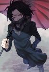  1boy bangs black_hair expressionless feitan from_above full_body highres holding holding_umbrella hunter_x_hunter long_sleeves looking_at_viewer male_focus short_hair solo tomaton_(t_0) umbrella 