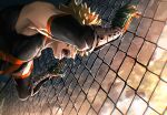  1boy absurdres bakugou_katsuki bare_shoulders blonde_hair blurry boku_no_hero_academia chain-link_fence cloud cloudy_sky covered_face crying depth_of_field detached_sleeves fence gloves head_down highres leaning_forward male_focus mitsuru_mtmt open_mouth outdoors outstretched_arms perspective sad sidelighting sky sobbing solo spiked_hair star_(sky) streaming_tears tears teeth toned toned_male twilight two-tone_gloves wire wrist_guards 