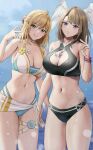  2girls alternate_costume amayo_thranana bangs bikini blonde_hair blue_eyes blue_pupils blush bracelet breast_tattoo breasts brown_hair cleavage cloud cloudy_sky cosplay costume_switch eunie_(xenoblade) eunie_(xenoblade)_(cosplay) fiora_(xenoblade) fiora_(xenoblade)_(cosplay) green_eyes head_wings highres jewelry large_breasts long_hair looking_at_viewer medium_hair multiple_girls navel open_mouth outdoors short_hair side-by-side simple_background sky smile stomach swimsuit tattoo upper_body white_wings wings xenoblade_chronicles_(series) xenoblade_chronicles_1 xenoblade_chronicles_3 