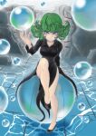  1girl ahoge air_bubble bangs black_dress blush breasts bubble collared_dress curly_hair dress floating green_eyes green_hair legs long_sleeves looking_at_viewer medium_breasts no_panties one-punch_man psychic sep492-tem592-ber-te92n short_hair side_slit smile solo tatsumaki telekinesis thighs 