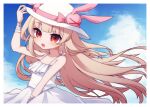  &gt;_&lt; 1girl :d bandaged_arm bandages bare_shoulders blue_sky bow brown_hair cloud cloudy_sky commentary_request day dress fang floating_hair frilled_dress frills hair_bow hat highres long_hair looking_at_viewer natori_sana outdoors pink_bow red_eyes rensei sana_channel sky sleeveless sleeveless_dress smile solo sun_hat sundress very_long_hair virtual_youtuber white_dress white_headwear 