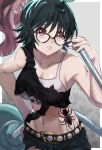 1girl bangs black_hair breasts cross cross_necklace denim glasses highres hunter_x_hunter inverted_cross jewelry large_breasts looking_at_viewer necklace purple_eyes scene_reference shirt shizuku_(hunter_x_hunter) short_hair simple_background skirt solo spider_tattoo sweater tattoo tomaton_(t_0) torn_clothes torn_shirt torn_skirt turtleneck vacuum_cleaner 