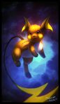  2016 abstract_background ambiguous_gender beady_eyes black_body black_border black_fur black_nose border dated feral full-length_portrait fur generation_1_pokemon glistening glistening_nose head_tuft hi_res leg_markings markings mouth_closed mylafox nintendo pokemon pokemon_(species) portrait raichu signature socks_(marking) solo striped_back text three-quarter_view tuft url video_games white_body white_fur yellow_body yellow_fur 