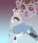  anthro beverage canid canine canis clothed clothing coffee container cozy cup dalmatian domestic_dog floppy_ears fur hair halen male male/male mammal markings owllek pawpads pink pink_nose simple_background smile solo spots spotted_markings tail topwear winter 