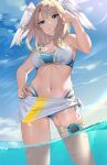  1girl :d absurdres ass_visible_through_thighs bare_arms bare_shoulders bikini blonde_hair blue_bikini blue_eyes blue_sky blush breasts cleavage collarbone day eunie_(xenoblade) evan_(pixiv7510743) grin hand_on_hip head_wings highres mismatched_bikini nail_polish navel ocean outdoors parted_lips photoshop_(medium) sarong short_hair sky smile solo stomach swimsuit thigh_strap wading water white_bikini xenoblade_chronicles_(series) xenoblade_chronicles_3 