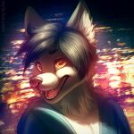  1:1 2016 abstract_background anthro black_hair blue_clothing blue_jacket blue_topwear bust_portrait canid cheek_tuft clothed clothing facial_tuft fur glistening glistening_eyes hair inner_ear_fluff jacket male mammal mylafox open_clothing open_jacket open_mouth open_smile open_topwear orange_eyes pink_tongue portrait smile solo text tongue topwear tuft url white_body white_fur white_inner_ear_fluff 