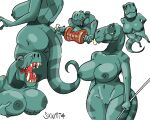  anthro big_breasts big_butt breasts butt dinosaur eating fang_(primal) female hi_res reptile scalie skwmt4 solo thick_thighs 