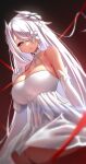  1girl :o anima_(togashi) azur_lane bare_shoulders blue_eyes blurry blush breasts cleavage cross depth_of_field dress dutch_angle elbow_gloves emden_(azur_lane) flower gloves gradient gradient_background hair_over_one_eye halter_dress halterneck hand_on_own_chest highres horns large_breasts long_hair looking_at_viewer parted_lips red_background solo very_long_hair white_dress white_flower white_gloves white_hair 