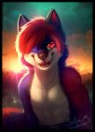  2016 anthro backlighting black_border blue_body blue_eyes blue_fur border canid canine canis dated fangs front_view fur glistening glistening_eyes hair half-length_portrait heterochromia light lighting looking_aside male mammal multicolored_body multicolored_fur mylafox nude open_mouth open_smile outside portrait red_body red_eyes red_fur red_hair signature smile solo sunset text url white_body white_fur wolf 