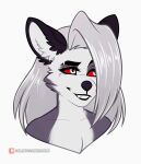  animated anthro canid canine canis domestic_dog fangs_bared female fur grey_body grey_eyes grey_fur grin hair helluva_boss long_hair looking_away loona_(helluva_boss) mammal notched_ear open_mouth open_smile red_eyes scar smile solo volodyanocturne white_hair wolf 