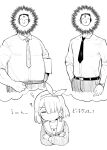  1girl 2boys ? arona_(blue_archive) blue_archive bow bow_hairband faceless faceless_male fat greyscale hair_bow hairband henry_bird_9 monochrome multiple_boys necktie sensei_(blue_archive) shirt translation_request watch white_shirt wristwatch 