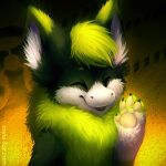  1:1 2016 abstract_background ambiguous_gender anthro bust_portrait cheek_tuft chest_tuft dragon eyes_closed facial_tuft fur furred_dragon green_body green_fur green_hair hair happy inner_ear_fluff mylafox nude pawpads portrait shoulder_tuft smile solo text tuft url white_body white_fur white_inner_ear_fluff yellow_pawpads 