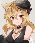  1girl amesaki_vanilla animal_ear_fluff animal_ears arknights bare_shoulders black_choker black_gloves black_headwear blonde_hair blush breasts brown_eyes choker cleavage closed_mouth elbow_gloves gloves hat highres jewelry long_hair looking_at_viewer microphone necklace official_alternate_costume photoshop_(medium) smile solo sora_(arknights) sora_(melodiosa)_(arknights) tilted_headwear upper_body wolf_ears 